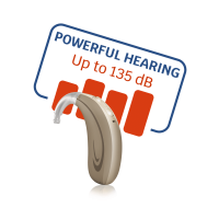 מכשיר שמיעה לירידות שמיעה קשות וחזקות ביותר תוצרת HANSATON גרמניה עם הסבר על עוצמת השמיעה 135 דציבל